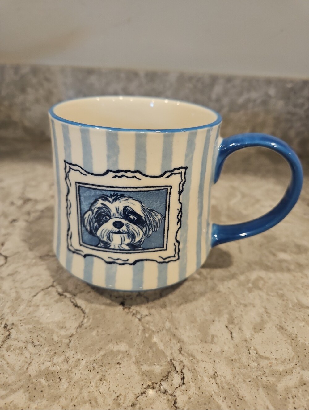 Potters Studio Blue White Stripe Shih Tzu Dog Coffee Mug 16 Oz